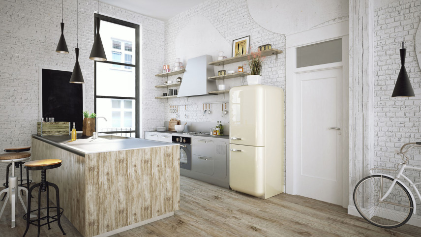 Weißer Ziegelstein an der Wand in Küche, Wohnzimmer - Ideen für Ziegelstein in modernen Innenräumen