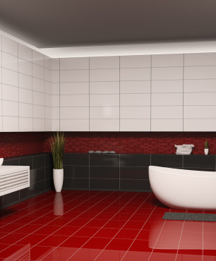 Badezimmer in Grau, Weiß und Rot