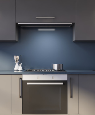 Graue Küche mit navyblauer Wand