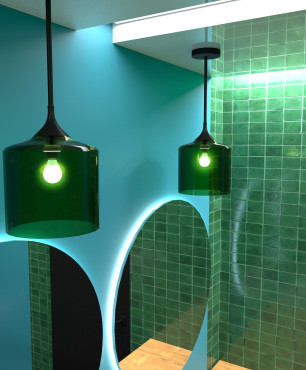 Modernes Badezimmer mit grünen Pendelleuchten