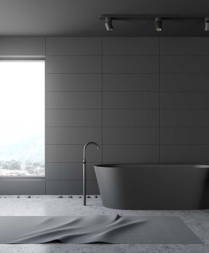 Badezimmer mit Graphitwand und Holzwand
