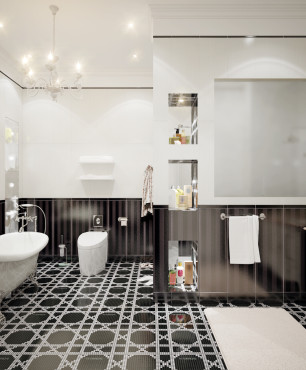 Schwarz-weißes Badezimmer mit stilvollen Möbeln