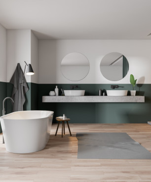 Elegantes Badezimmer mit grünen Accessoires