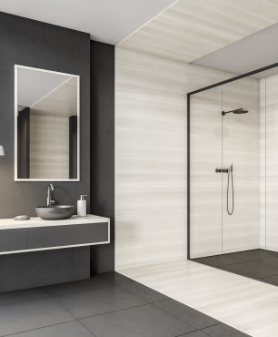 Graphit- und beigefarbenes Badezimmer mit Duschkabine