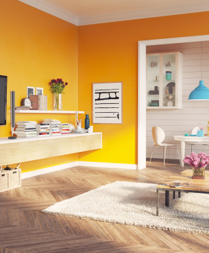 Gelbes Wohnzimmer im skandinavischen Stil