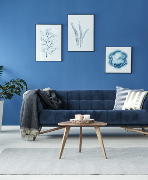 Wohnzimmer im skandinavischen Stil mit blauer Wand