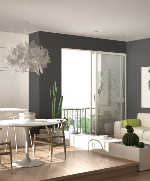 Graues Wohnzimmer kombiniert mit Küche und Esszimmer
