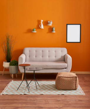 Orangefarbenes Wohnzimmer mit Möbeln