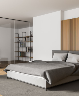 Modernes Schlafzimmer in Weiß- und Brauntönen