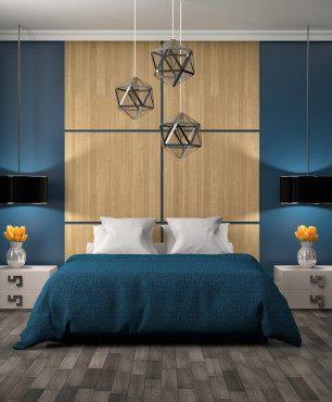 Schlafzimmer mit navyblauer und brauner Wand