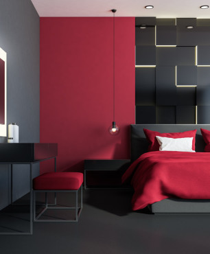 Rotes und schwarzes Schlafzimmer mit Schminktisch