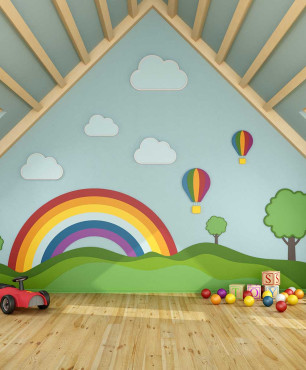 Ein farbenfrohes Zimmer für ein Kind auf dem Dachboden