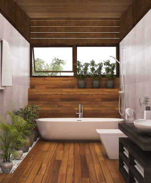 Modernes Badezimmer mit Holzwand