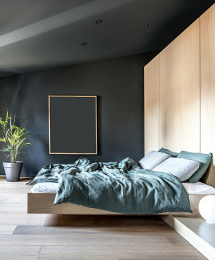 Modernes Schlafzimmer mit dunkelgrauen Wänden