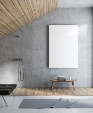 Minimalistisches Badezimmer aus Beton und Holz