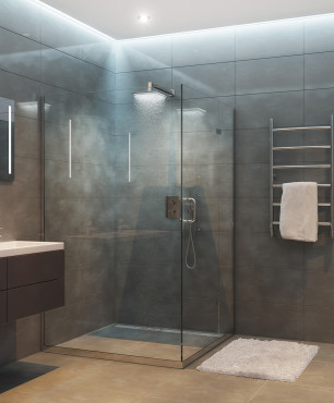 Graues Badezimmer mit quadratischer Duschkabine